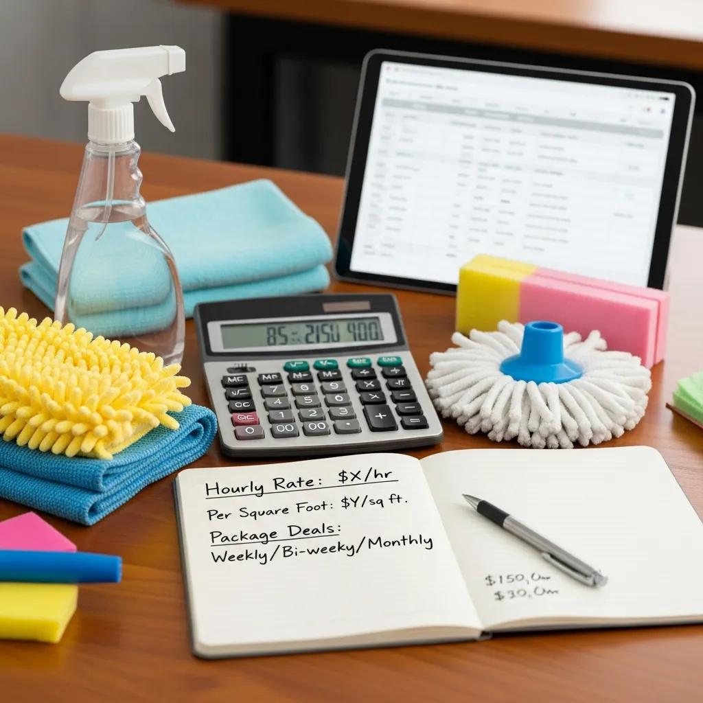 Calculator and cleaning supplies illustrating commercial cleaning pricing