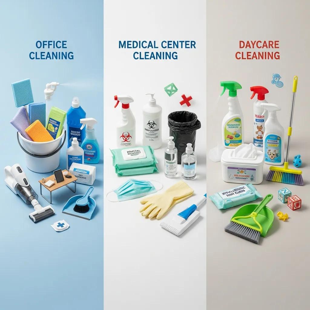 Illustration showing tailored cleaning for offices, medical centres and daycares