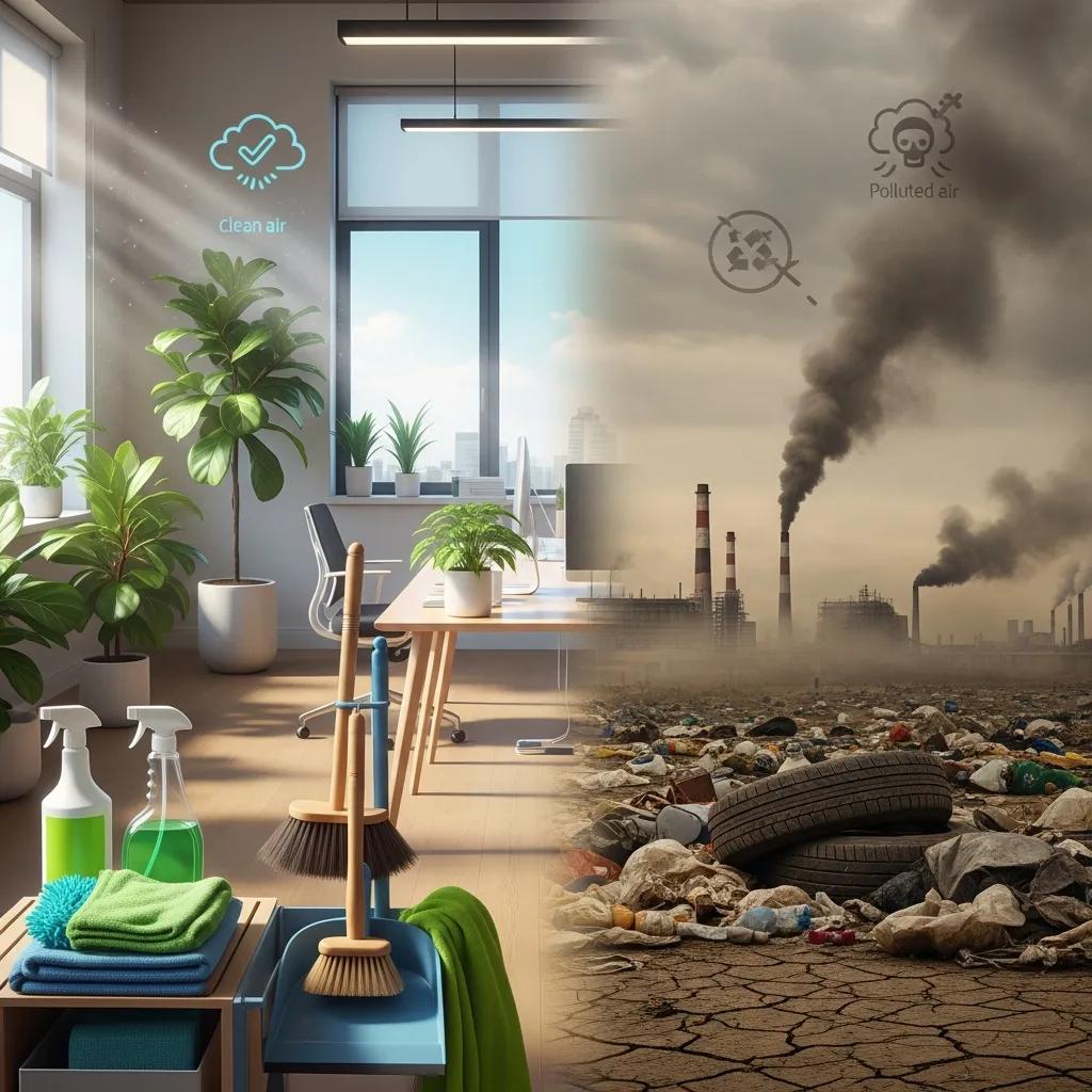 Infographic showing benefits of eco-friendly commercial cleaning in a workplace