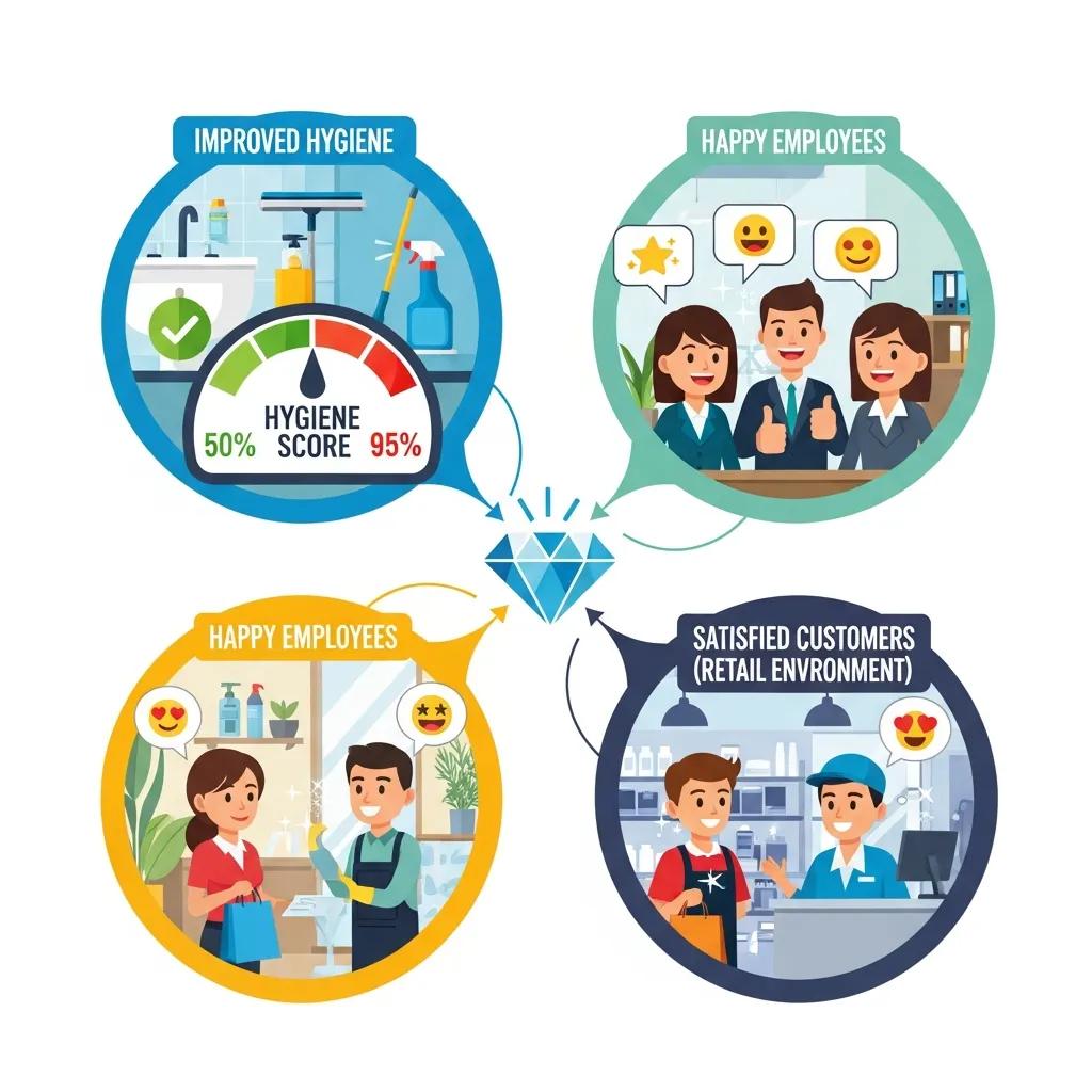 Graphic showing improvements in hygiene and customer satisfaction for Buddina businesses