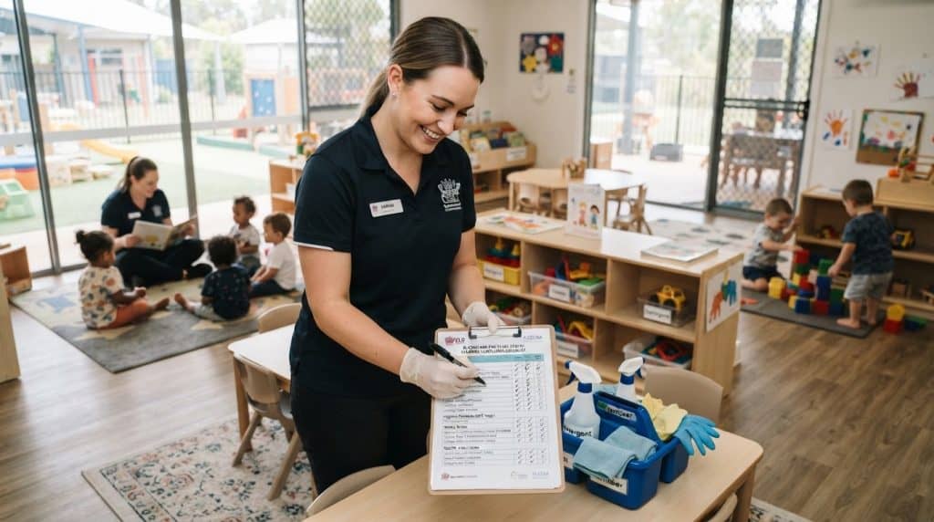 Childcare centre cleaning professional inspecting a child's play area.
